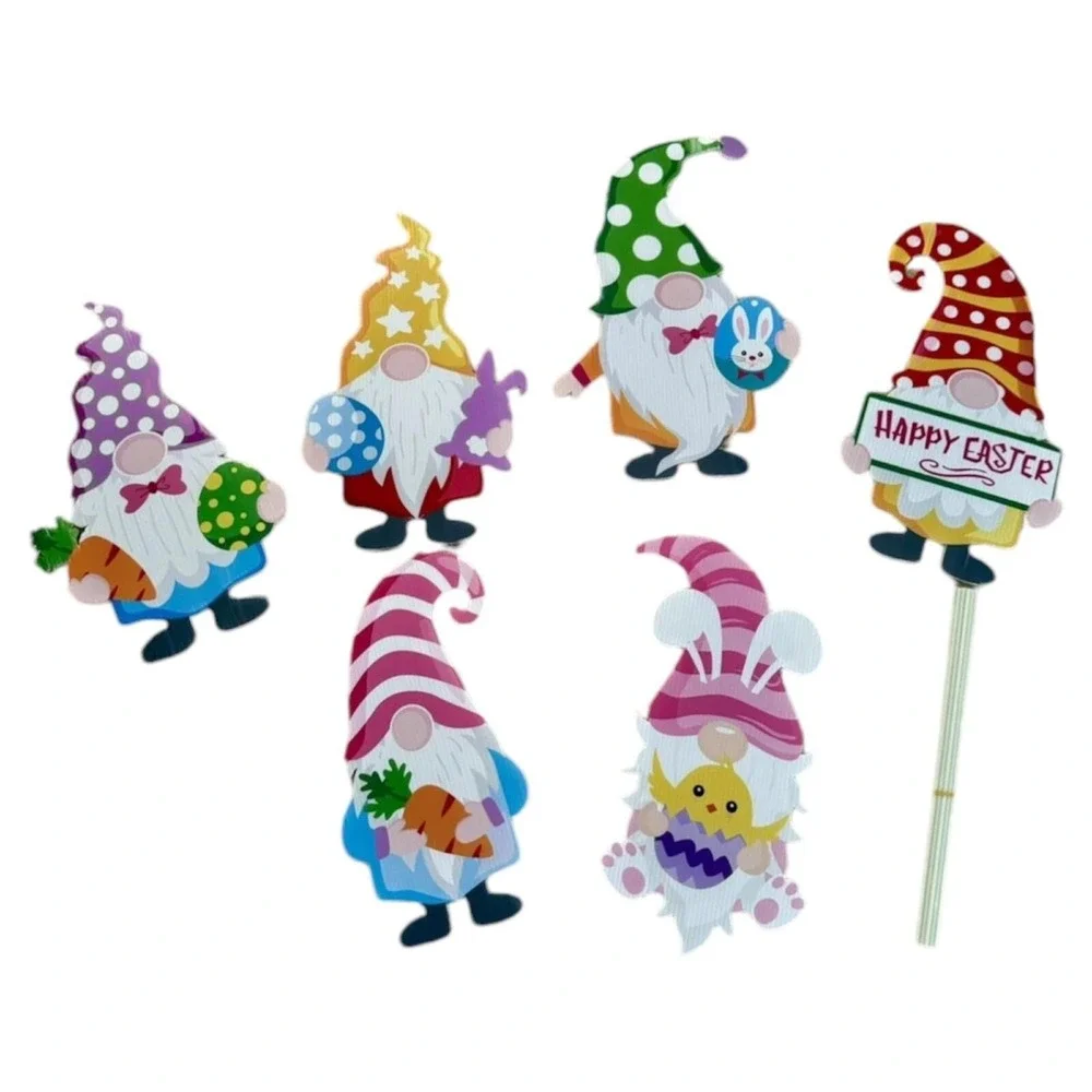 EASTER GNOMES Form Plastic Lawn Decorations with/Lawn Sticks-6 in Set (NEW)